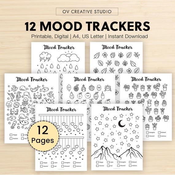 Monthly Mood Tracker Bundle | Printable Bullet Journal Pages, Templates | A4, US Letter Size | Digital Planner Pages | Coloring Mood Pages