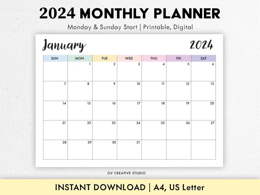 2024 Monthly Calendar Printable, Fillable Dated Monthly Calendar