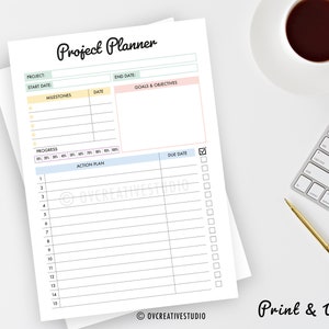 May include: A printable project planner with sections for project name, start date, end date, milestones, goals and objectives, action plan, progress, and due date. The planner has a light blue, yellow, and pink color scheme.