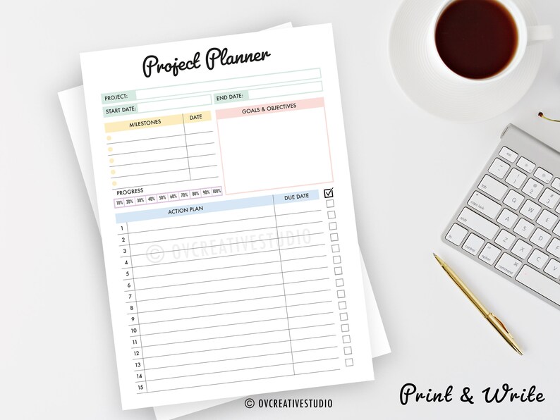 May include: A printable project planner with sections for project name, start date, end date, milestones, goals and objectives, action plan, progress, and due date. The planner has a light blue, yellow, and pink color scheme.