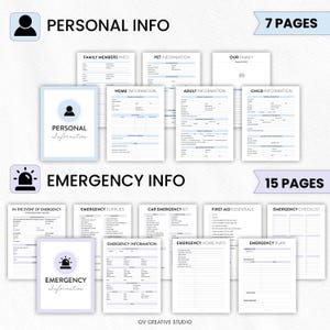 May include: A collection of printable planner pages for personal and emergency information. The pages are light blue and white, with headings like "Personal Info" and "Emergency Info." The set includes 7 pages for personal info and 15 for emergency info.