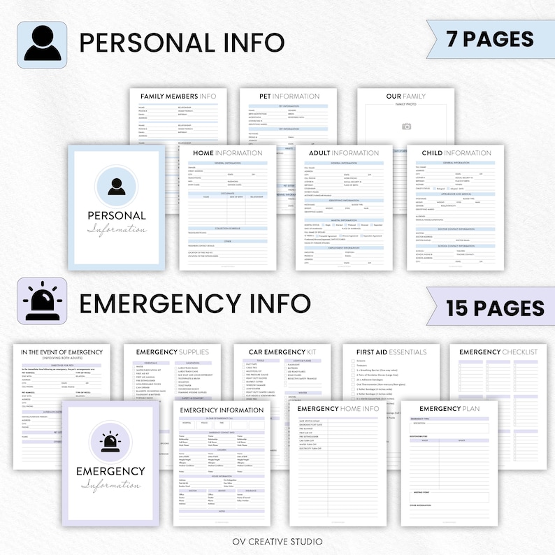 May include: A collection of printable planner pages for personal and emergency information. The pages are light blue and white, with headings like "Personal Info" and "Emergency Info." The set includes 7 pages for personal info and 15 for emergency info.