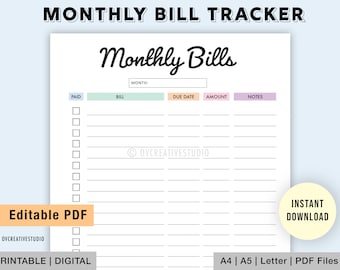 Editable Monthly Bill Tracker | Bill Planner | Monthly Bill Log | Bill Payment Checklist | Bill Payment Tracker | Printable | Digital