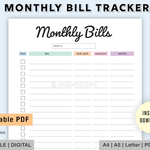 Editable Monthly Bill Tracker | Bill Planner | Monthly Bill Log | Bill Payment Checklist | Bill Payment Tracker | Printable | Digital