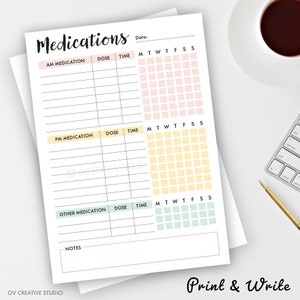 May include: Printable medication log with sections for AM, PM, and other medications. Each section has columns for medication name, dose, time, and a grid for tracking daily intake. The grid has columns for each day of the week: Monday, Tuesday, Wednesday, Thursday, Friday, Saturday, and Sunday. There is also a notes section at the bottom.