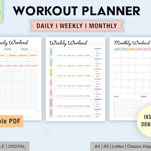 May include: Printable workout planner with three pages: daily, weekly, and monthly. The planner has a light blue background with pastel pink, yellow, and green accents. The text "Daily Workout", "Weekly Workout", and "Monthly Workout" is in black.