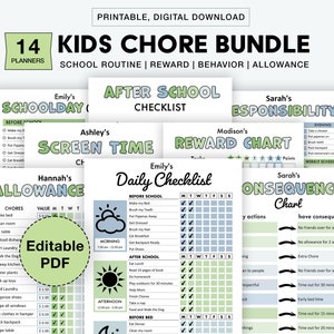 Editable Kids Chore Charts, Reward, Allowance, Screen time, School Routine, Behavior Chart, Consequences, Daily Checklist, Weekly Chores PDF