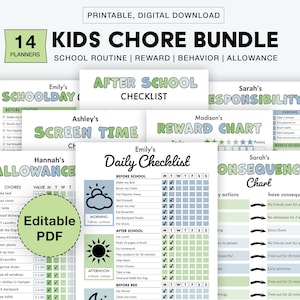 Editable Kids Chore Charts, Reward, Allowance, Screen time, School Routine, Behavior Chart, Consequences, Daily Checklist, Weekly Chores PDF