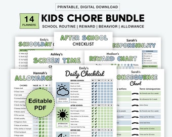 Editable Kids Chore Charts, Reward, Allowance, Screen time, School Routine, Behavior Chart, Consequences, Daily Checklist, Weekly Chores PDF