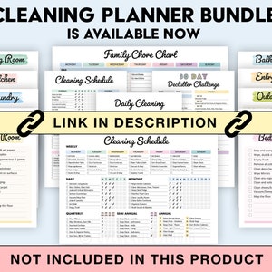 May include: A printable cleaning planner bundle with checklists for different rooms of the house, including the living room, kitchen, laundry, playroom, bathroom, entryway, outdoors, and bedroom. The planner includes a family chore chart, a 30-day declutter challenge, and a cleaning schedule with daily, weekly, monthly, quarterly, semi-annual, and annual tasks.