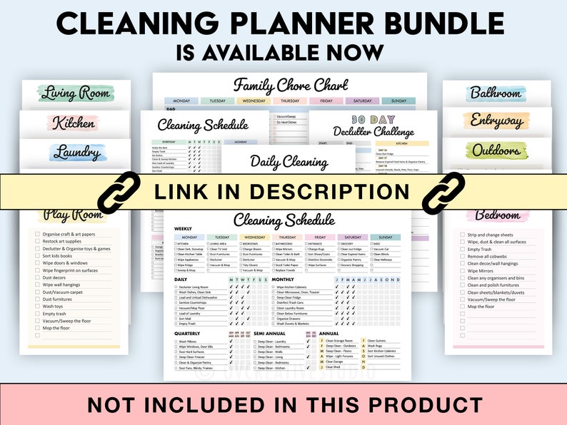 May include: A printable cleaning planner bundle with checklists for different rooms of the house, including the living room, kitchen, laundry, playroom, bathroom, entryway, outdoors, and bedroom. The planner includes a family chore chart, a 30-day declutter challenge, and a cleaning schedule with daily, weekly, monthly, quarterly, semi-annual, and annual tasks.