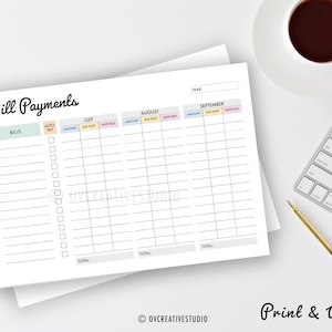 May include: Printable bill payment tracker with columns for bills, auto pay, amount, due date, date paid, and totals for July, August, and September.