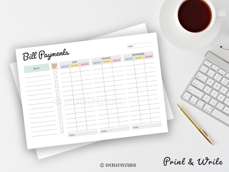 May include: Printable bill payment tracker with columns for bills, auto pay, amount, due date, date paid, and totals for July, August, and September.