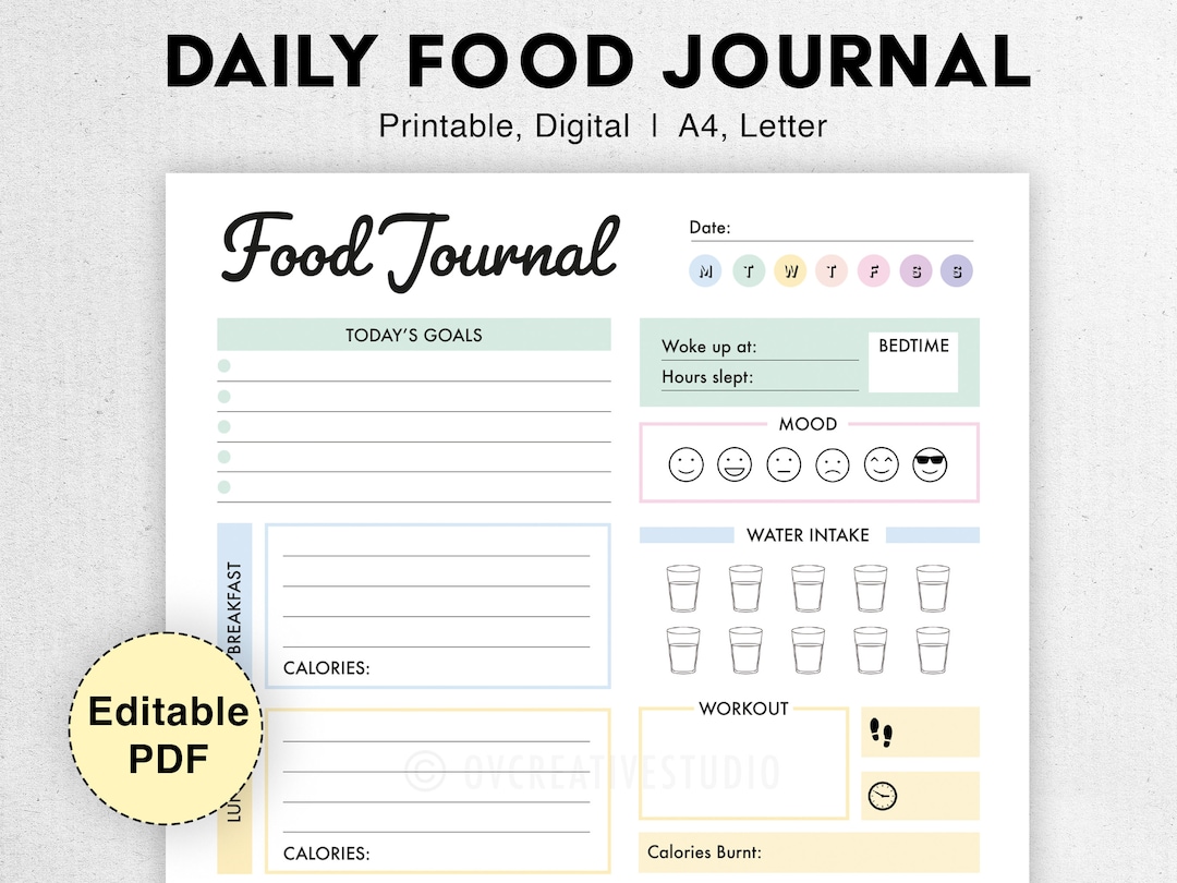 Editable Food Journal Printable, Digital Food Diary, Daily Food Journal