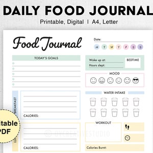 Editable Food Journal | Printable, Digital | Food Diary, Daily Food Journal, Fitness Diet | Meal Journal | Meal Tracker, Calorie Tracker