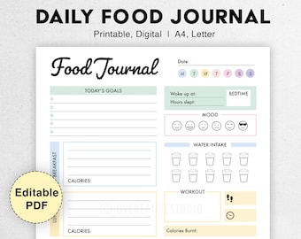 Editable Food Journal | Printable, Digital | Food Diary, Daily Food Journal, Fitness Diet | Meal Journal | Meal Tracker, Calorie Tracker