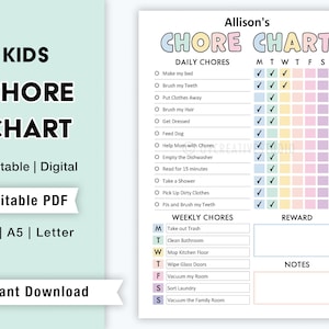Editable Chore Chart for Kids | Printable | Kids Daily Weekly Responsibility Chart | Kids Chore List | Kids Daily Routine Checklist | PDF