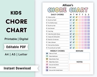 May include: A printable chore chart for kids with a pastel rainbow color scheme. The chart includes daily and weekly chores with checkboxes for each day of the week. The chart is titled "Allison's Chore Chart" and includes a reward section and a notes section.