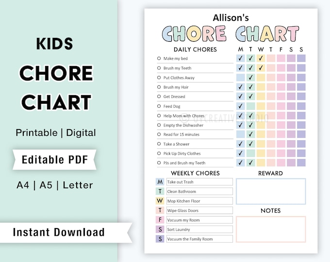 Editable Weekly Chore Chart for Kids, Daily Routine Chart for Kids ...