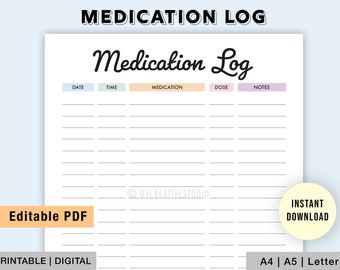 Editable Medication Log | Medicine Taker Tracker | Printable  Medication Tracker | Medicine Tracker | Printable Supplement Tracking Sheet