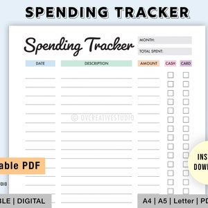 Editable Spending Tracker | Expense Tracker Printable | Digital | Spending Log | Purchase Recorder | Transaction Log | A4, A5, Letter, PDF