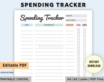 Editable Spending Tracker | Expense Tracker Printable | Digital | Spending Log | Purchase Recorder | Transaction Log | A4, A5, Letter, PDF