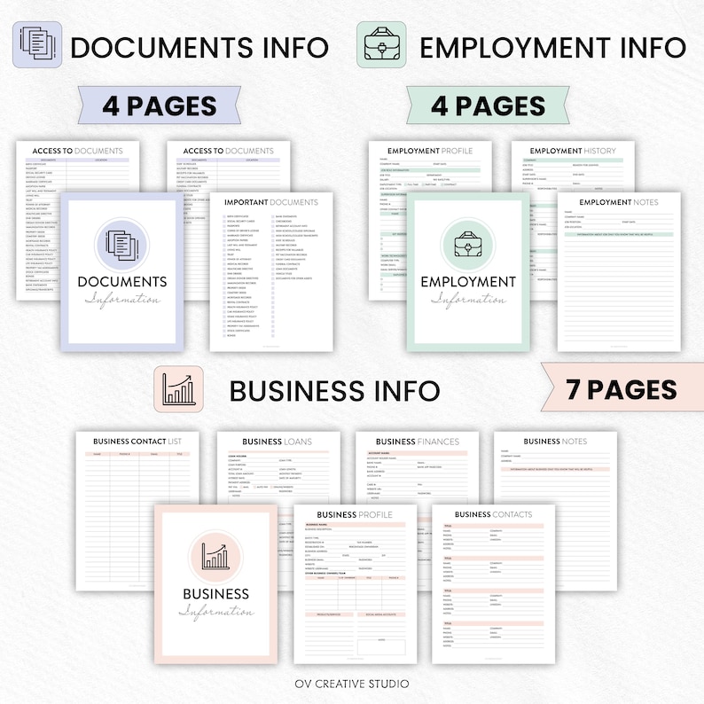 May include: A collection of printable planner pages for documents, employment, and business information. The pages are in soft pastel colors with headings like "Documents Info," "Employment Info," and "Business Info." Each section includes multiple pages, with a total of 15 pages.