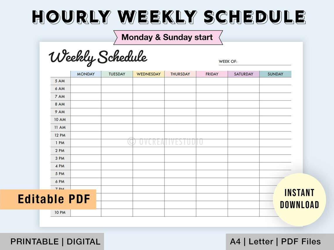 Editable Weekly Schedule Printable Weekly Planner Hourly - Etsy