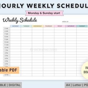 May include: A printable weekly schedule planner with hourly time slots from 5 AM to 10 PM. The planner is designed for a Monday and Sunday start week. The days of the week are labeled in a pastel color scheme. The text "Weekly Schedule" is in a bold, cursive font. The text "Editable PDF" is in a white rectangle with a peach background. The text "Instant Download" is in a white circle with a yellow background. The text "Printable | Digital" is in black text. The text "A4 | Letter | PDF Files" is in black text.