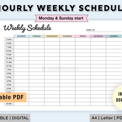 Editable Weekly Schedule Printable Weekly Planner Hourly - Etsy Canada