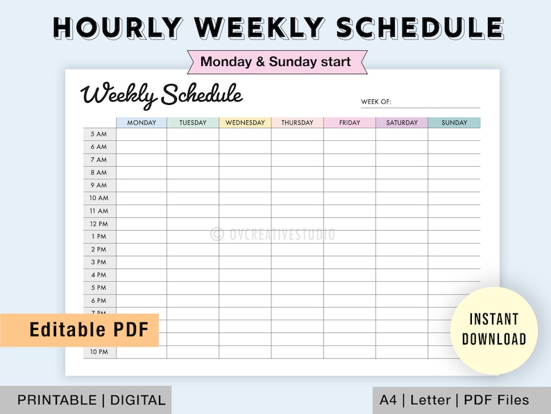 Editable Weekly Schedule | Printable Weekly Planner | Hourly Weekly ...
