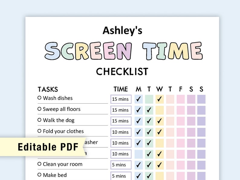 Editable Screen Time Chart Kids | Printable, Digital | Screen Time Chore Chart | Kids Chore Checklist | Chore List | Screen Time Tracker PDF