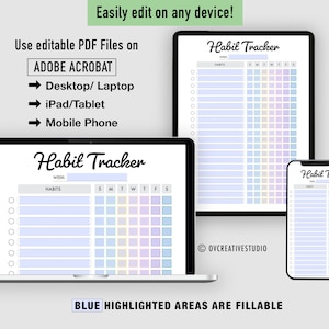 May include: A digital illustration of a habit tracker with a pastel colour scheme. The tracker is designed to be used on a computer, tablet, or phone. The text "Habil Tracker" is at the top of the page. The text "WEEK:" is at the top of the page. The text "HABITS" is at the top of the page. The text "SMTWTF" is at the top of the page. The text "OVCREATIVESTUDIO" is at the bottom of the page. The text "BLUE HIGHLIGHTED AREAS ARE FILLABLE" is at the bottom of the page.