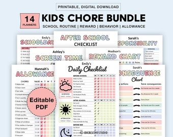 Editable Kids Chore Charts, Reward, Allowance, Screen time, School Routine, Behavior Chart, Consequences, Daily Checklist, Weekly Chores PDF