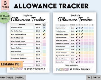 Editable Allowance Tracker Kids | Earn Money Chart | Daily Weekly Allowance Chore Chart | Money Reward Chart | Allowance Chart | PDF