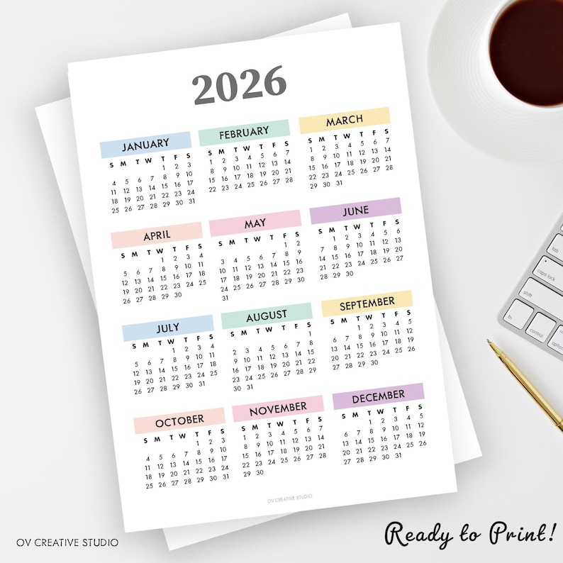 May include: A 2026 calendar with each month displayed on a separate page. The calendar features a pastel color scheme for each month, with the text "Ready to Print!" at the bottom.