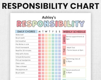 Editable Responsibility Chore Chart for Kids | Printable | Kids Daily Weekly Schedule | Kids, Teens Chore List, School Checklist, Routine