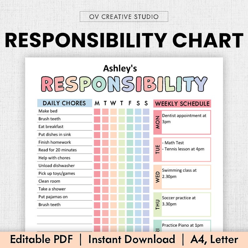 Editable Responsibility Chore Chart for Kids | Printable | Kids Daily ...