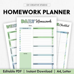 Op de afbeelding: Printbare huiswerkplanner met een wekelijkse, dagelijkse en checklist sectie. De planner heeft een groen en blauw kleurenschema met een to-do lijst, vaksecties en notities.