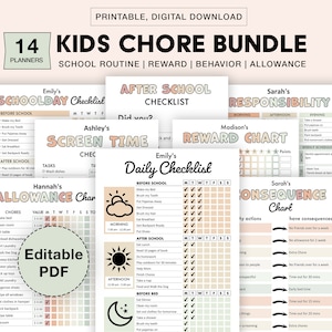 Editable Kids Chore Charts, Reward, Allowance, Screen time, School Routine, Behavior Chart, Consequences, Daily Checklist, Weekly Chores PDF