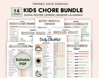 Editable Kids Chore Charts, Reward, Allowance, Screen time, School Routine, Behavior Chart, Consequences, Daily Checklist, Weekly Chores PDF