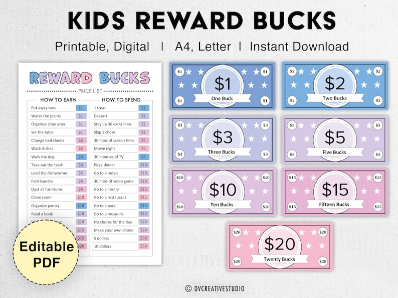 Editable Kids Reward Bucks | Printable | Mom Bucks, PDF Reward System ...