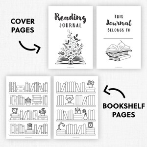 May include: Black and white journal pages with the text "COVER PAGES" and "BOOKSHELF PAGES". The journal cover has the text "Reading JOURNAL" and "THIS Journal BELONGS TO". The bookshelf pages have illustrations of books, plants, and decorative items.