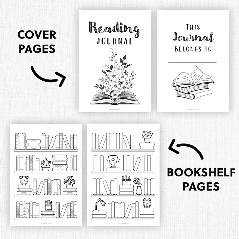 May include: Black and white journal pages with the text "COVER PAGES" and "BOOKSHELF PAGES". The journal cover has the text "Reading JOURNAL" and "THIS Journal BELONGS TO". The bookshelf pages have illustrations of books, plants, and decorative items.