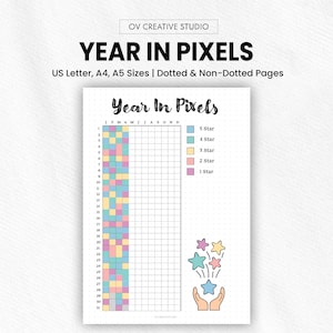 May include: A Year in Pixels planner page with a grid for tracking daily habits. The page includes a colour-coded key for rating activities with stars. The text "Year in Pixels" is at the top, with size options listed below.