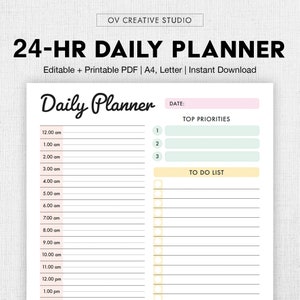 May include: A printable daily planner with a pink and green color scheme. The planner has a section for top priorities and a to-do list. The planner is designed for 24 hours and includes a space for the date.