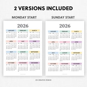 May include: 2026 calendar with two versions: Monday start and Sunday start. Each month is displayed in a pastel color, with the year and month names in a bold font. The text "2 VERSIONS INCLUDED" is at the top.