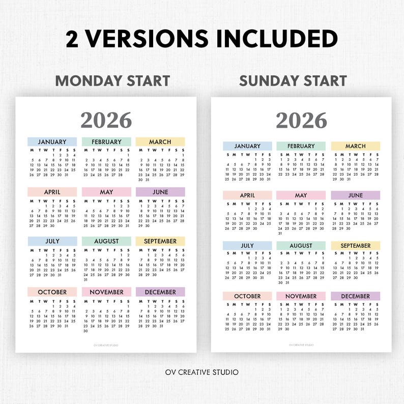 May include: 2026 calendar with two versions: Monday start and Sunday start. Each month is displayed in a pastel color, with the year and month names in a bold font. The text "2 VERSIONS INCLUDED" is at the top.