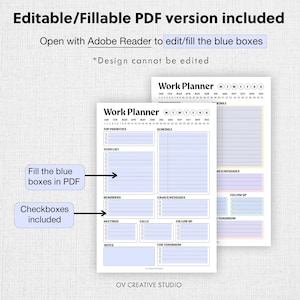 K&ouml;nnte beinhalten: Zweiseitiger Arbeitsplaner mit blauen K&auml;stchen zum Ausf&uuml;llen von Informationen. Der Text enth&auml;lt "Work Planner", "Top Priorities", "To Do List", "Schedule" und "Emails/Messages". Der Planer kann mit Adobe Reader bearbeitet werden.