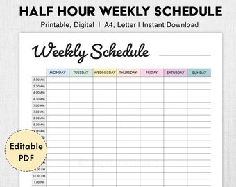 Bearbeitbarer Wochenplan | Halbe Stunde Wochenplan | Wochenplaner Printable | Woche im Überblick | Wöchentliche To Do Liste | Digitales PDF